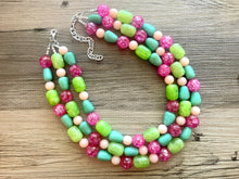 Load image into Gallery viewer, Peach Green & Hot pink Statement Necklace, multi strand bright jewelry, chunky lime necklace, coral necklace, pink necklace turquoise