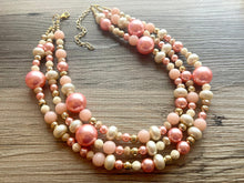 Load image into Gallery viewer, Coral White & Gold Necklace, triple strand gold jewelry, big beaded chunky statement necklace, pink white cream necklace, gold jewelry
