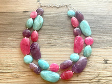 Load image into Gallery viewer, Bermuda Seascape Statement Necklace, Silver hot pink seafoam purple necklace, beaded chunky bib necklace, colorful island jewelry