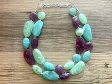 Load image into Gallery viewer, Sydney Seascape Statement Necklace, Silver mint green seafoam purple necklace, beaded chunky bib necklace, colorful island jewelry