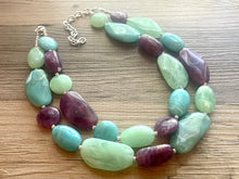 Load image into Gallery viewer, Sydney Seascape Statement Necklace, Silver mint green seafoam purple necklace, beaded chunky bib necklace, colorful island jewelry