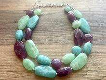 Load image into Gallery viewer, Sydney Seascape Statement Necklace, Silver mint green seafoam purple necklace, beaded chunky bib necklace, colorful island jewelry