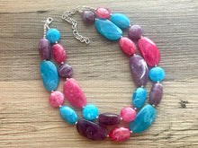 Load image into Gallery viewer, Miami Shore Statement Necklace, Silver hot pink aqua purple necklace, beaded chunky bib necklace, colorful island jewelry blue dark pink