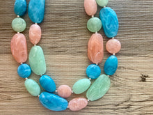 Load image into Gallery viewer, Charleston Statement Necklace, Silver peach aqua winter mint green necklace, beaded chunky bib necklace, colorful island jewelry