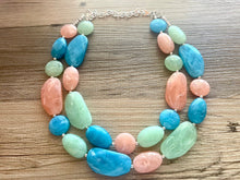 Load image into Gallery viewer, Charleston Statement Necklace, Silver peach aqua winter mint green necklace, beaded chunky bib necklace, colorful island jewelry