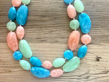 Load image into Gallery viewer, Charleston Statement Necklace, Silver peach aqua winter mint green necklace, beaded chunky bib necklace, colorful island jewelry