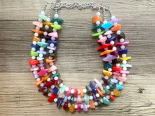 Load image into Gallery viewer, Triple Rainbow Chip Beaded Necklace, Colorful Jewelry, Chunky statement necklace, rainbow jewelry, rainbow baby confetti white ombré
