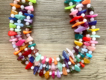 Load image into Gallery viewer, Triple Rainbow Chip Beaded Necklace, Colorful Jewelry, Chunky statement necklace, rainbow jewelry, rainbow baby confetti white ombré