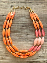 Load image into Gallery viewer, Clementine Sky Chunky 3 Strand Statement Necklace, Orange coral pink jewelry, orange color block statement, peach summer fall necklace
