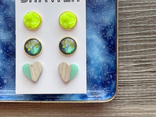 Load image into Gallery viewer, Set of 3 earrings, 12mm earrings, sparkle earrings, stud earrings circle, stocking stuffer wood resin heart Cabochon silver and gold pierced