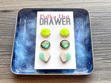 Load image into Gallery viewer, Set of 3 earrings, 12mm earrings, sparkle earrings, stud earrings circle, stocking stuffer wood resin heart Cabochon silver and gold pierced