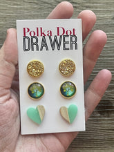 Load image into Gallery viewer, Set of 3 earrings, 12mm earrings, sparkle earrings, stud earrings circle, stocking stuffer wood resin heart Cabochon silver and gold pierced
