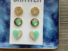 Load image into Gallery viewer, Set of 3 earrings, 12mm earrings, sparkle earrings, stud earrings circle, stocking stuffer wood resin heart Cabochon silver and gold pierced