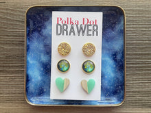 Load image into Gallery viewer, Set of 3 earrings, 12mm earrings, sparkle earrings, stud earrings circle, stocking stuffer wood resin heart Cabochon silver and gold pierced