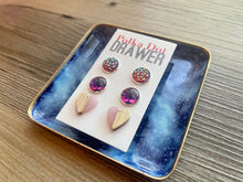Load image into Gallery viewer, Set of 3 earrings, 12mm earrings, sparkle earrings, stud earrings circle, stocking stuffer wood resin heart Cabochon silver and gold pierced