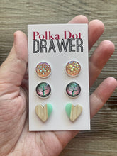 Load image into Gallery viewer, Set of 3 earrings, 12mm earrings, sparkle earrings, stud earrings circle, stocking stuffer wood resin heart Cabochon silver and gold pierced