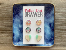 Load image into Gallery viewer, Set of 3 earrings, 12mm earrings, sparkle earrings, stud earrings circle, stocking stuffer wood resin heart Cabochon silver and gold pierced