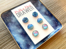 Load image into Gallery viewer, Set of 3 earrings, 12mm earrings, sparkle earrings, stud earrings circle, stocking stuffer wood resin heart Cabochon silver and gold pierced