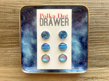 Load image into Gallery viewer, Set of 3 earrings, 12mm earrings, sparkle earrings, stud earrings circle, stocking stuffer wood resin heart Cabochon silver and gold pierced