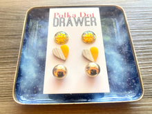 Load image into Gallery viewer, Set of 3 earrings, 12mm earrings, sparkle earrings, stud earrings circle, stocking stuffer wood resin heart Cabochon silver and gold pierced