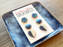 Load image into Gallery viewer, Set of 3 earrings, 12mm earrings, sparkle earrings, stud earrings circle, stocking stuffer wood resin heart Cabochon silver and gold pierced