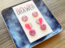 Load image into Gallery viewer, Set of 3 earrings, 12mm earrings, sparkle earrings, stud earrings circle, stocking stuffer wood resin heart Cabochon silver and gold pierced