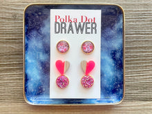 Load image into Gallery viewer, Set of 3 earrings, 12mm earrings, sparkle earrings, stud earrings circle, stocking stuffer wood resin heart Cabochon silver and gold pierced