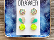 Load image into Gallery viewer, Set of 3 earrings, 12mm earrings, sparkle earrings, stud earrings circle, stocking stuffer wood resin heart Cabochon silver and gold pierced