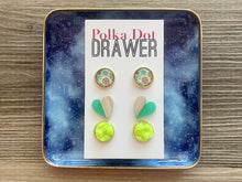 Load image into Gallery viewer, Set of 3 earrings, 12mm earrings, sparkle earrings, stud earrings circle, stocking stuffer wood resin heart Cabochon silver and gold pierced