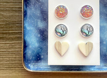 Load image into Gallery viewer, Set of 3 earrings, 12mm earrings, sparkle earrings, stud earrings circle, stocking stuffer wood resin heart Cabochon silver and gold pierced