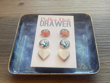 Load image into Gallery viewer, Set of 3 earrings, 12mm earrings, sparkle earrings, stud earrings circle, stocking stuffer wood resin heart Cabochon silver and gold pierced