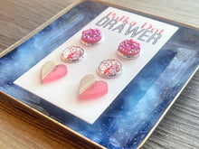 Load image into Gallery viewer, Set of 3 earrings, 12mm earrings, sparkle earrings, stud earrings circle, stocking stuffer wood resin heart Cabochon silver and gold pierced
