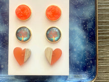 Load image into Gallery viewer, Set of 3 earrings, 12mm earrings, sparkle earrings, stud earrings circle, stocking stuffer wood resin heart Cabochon silver and gold pierced