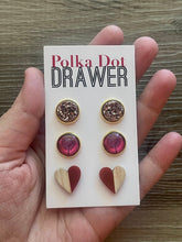Load image into Gallery viewer, Set of 3 earrings, 12mm earrings, sparkle earrings, stud earrings circle, stocking stuffer wood resin heart Cabochon silver and gold pierced