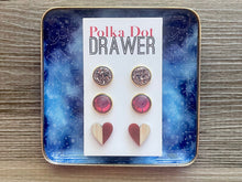 Load image into Gallery viewer, Set of 3 earrings, 12mm earrings, sparkle earrings, stud earrings circle, stocking stuffer wood resin heart Cabochon silver and gold pierced
