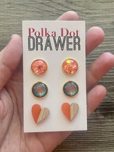 Load image into Gallery viewer, Set of 3 earrings, 12mm earrings, sparkle earrings, stud earrings circle, stocking stuffer wood resin heart Cabochon silver and gold pierced