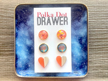 Load image into Gallery viewer, Set of 3 earrings, 12mm earrings, sparkle earrings, stud earrings circle, stocking stuffer wood resin heart Cabochon silver and gold pierced