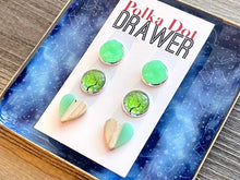 Load image into Gallery viewer, Set of 3 earrings, 12mm earrings, sparkle earrings, stud earrings circle, stocking stuffer wood resin heart Cabochon silver and gold pierced