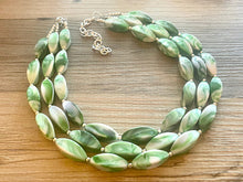 Load image into Gallery viewer, Green & White Tie Dye beaded statement necklace, triple strand necklace, white forest jewelry, big bead jewelry, summer necklace