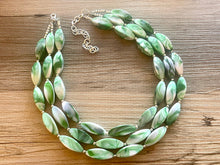 Load image into Gallery viewer, Green & White Tie Dye beaded statement necklace, triple strand necklace, white forest jewelry, big bead jewelry, summer necklace