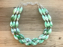 Load image into Gallery viewer, Green & White Tie Dye beaded statement necklace, triple strand necklace, white forest jewelry, big bead jewelry, summer necklace