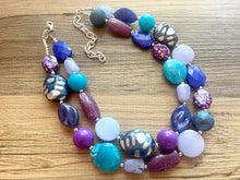 Load image into Gallery viewer, Intergalactic Seascape Statement Necklace, chunky bib beaded jewelry, royal blue necklace, light aqua blue beaded purple jewelry