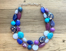 Load image into Gallery viewer, Intergalactic Seascape Statement Necklace, chunky bib beaded jewelry, royal blue necklace, light aqua blue beaded purple jewelry