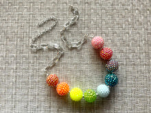 Load image into Gallery viewer, Rainbow Statement Necklace, rainbow jewelry, RHINESTONE Shimmer rainbow bib chunky necklace, rainbow bubble silver necklace