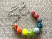 Load image into Gallery viewer, Rainbow Statement Necklace, rainbow jewelry, RHINESTONE Shimmer rainbow bib chunky necklace, rainbow bubble silver necklace
