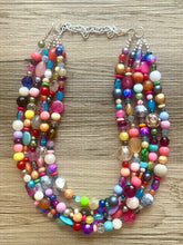 Load image into Gallery viewer, Rainbow Confetti Statement Necklace, chunky multi-strand jewelry, yellow pink colorful necklace, silver jewelry, neon jewelry green Pearl