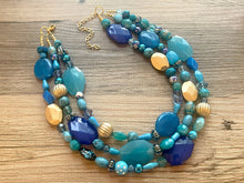 Load image into Gallery viewer, Ladies Drink Free Chunky Statement Necklace, blue beaded necklace, golden colorful jewelry multi strand necklace bib gold beads turquoise