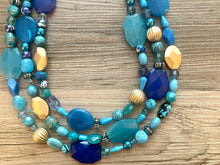 Load image into Gallery viewer, Ladies Drink Free Chunky Statement Necklace, blue beaded necklace, golden colorful jewelry multi strand necklace bib gold beads turquoise