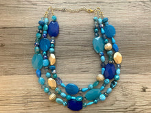 Load image into Gallery viewer, Ladies Drink Free Chunky Statement Necklace, blue beaded necklace, golden colorful jewelry multi strand necklace bib gold beads turquoise