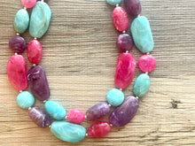 Load image into Gallery viewer, Bermuda Seascape Statement Necklace, Silver hot pink seafoam purple necklace, beaded chunky bib necklace, colorful island jewelry